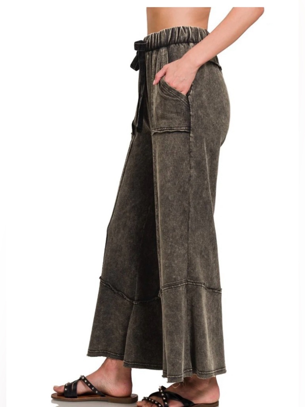 New Zenana Outfitters Kick Flare Wide Leg Pants ~ Washed Charcoal Black - Picture 2 of 10